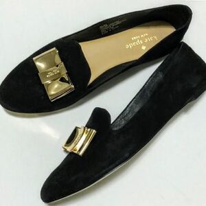 Kate Spade Black Suede Loafers with Gold Bow Accent